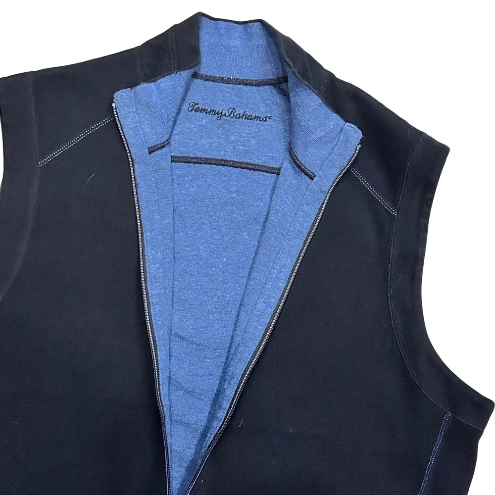Tommy Bahama Mens Reversible Vest Full Zip Black Blue XL Cotton Mock Neck Casual
